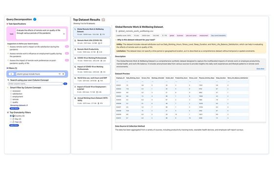 The DataScout interface: query reformulation suggestions and semantic filters on the left, ranked dataset results in the middle, and a dataset detail view with relevance indicators and a preview table.