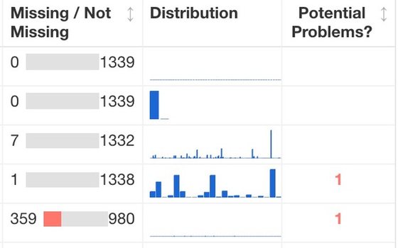 Data Details view with missing-value bars, column histograms and potential-problem counts