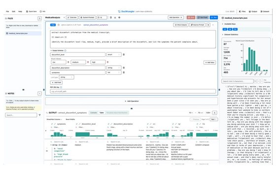 The DocWrangler IDE: a notebook-style pipeline editor, an output table with per-column histograms, and a dataset panel