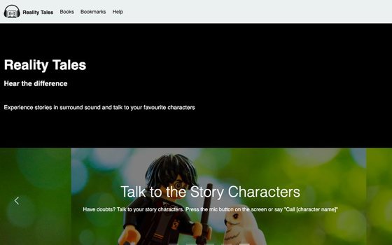Reality Tales home screen with the tagline 'Hear the difference' and a banner inviting readers to talk to the story characters.