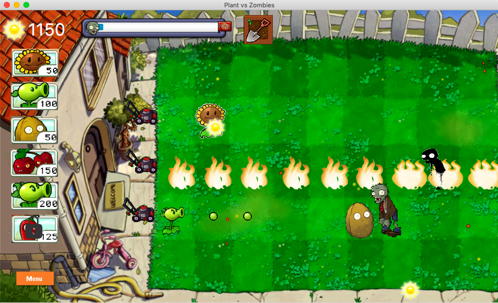Ongoing level of plants vs zombies. The plants attack zombies approaching the house.